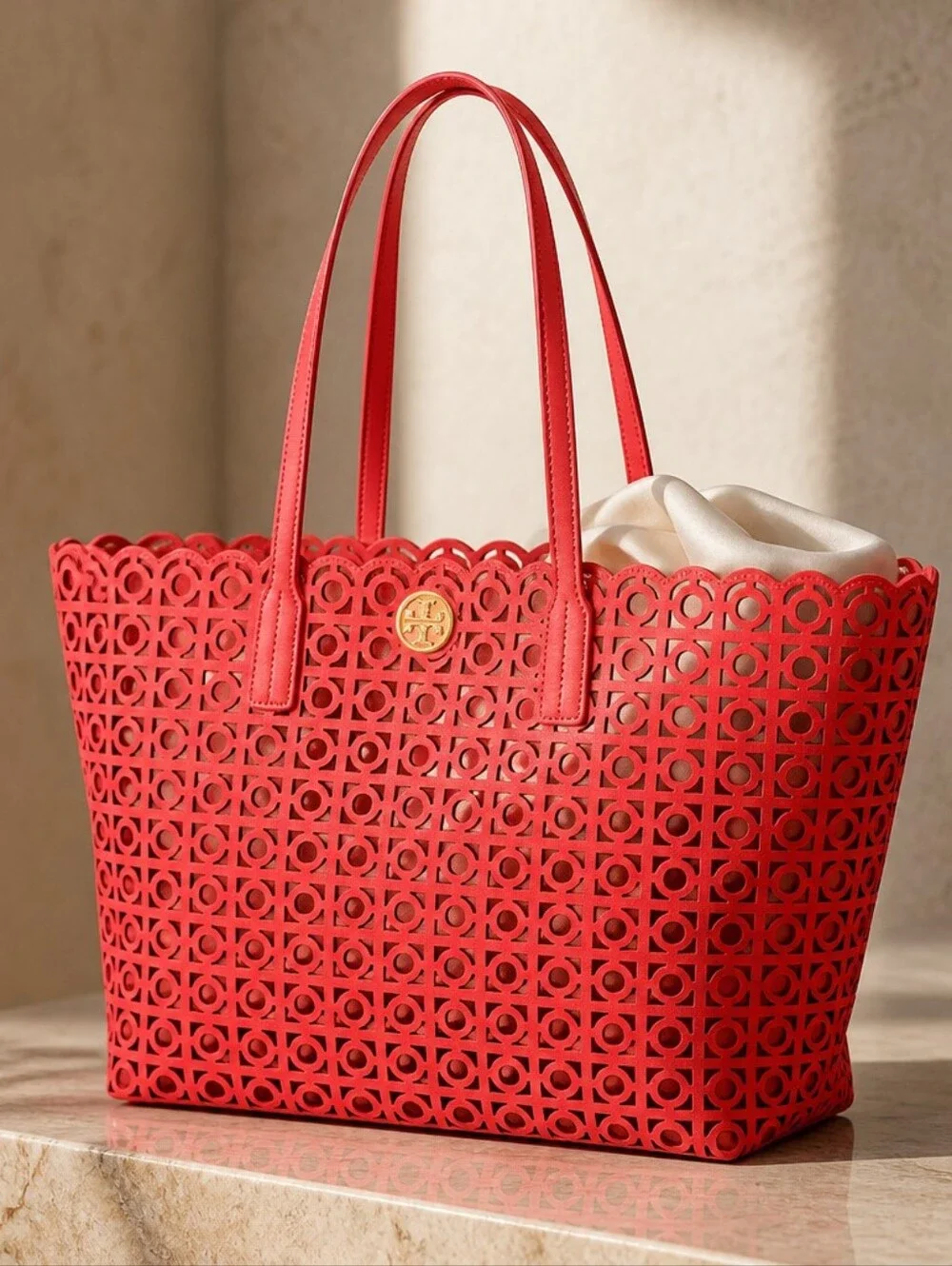 Tory Burch  Coral Red  LaserCut Tote Bag.  EUC